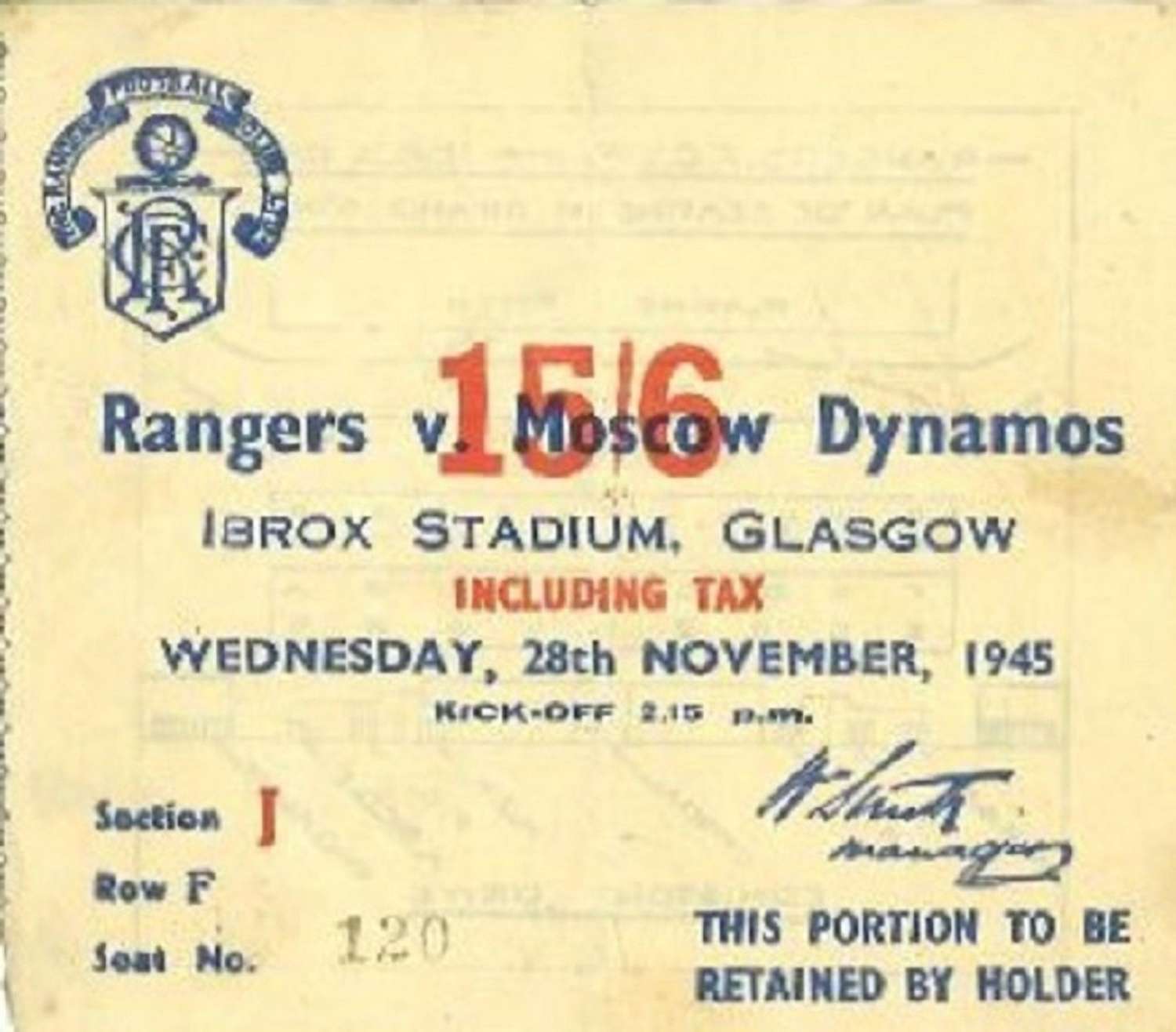 Rangers v Moscow Dynamo Ticket 1945